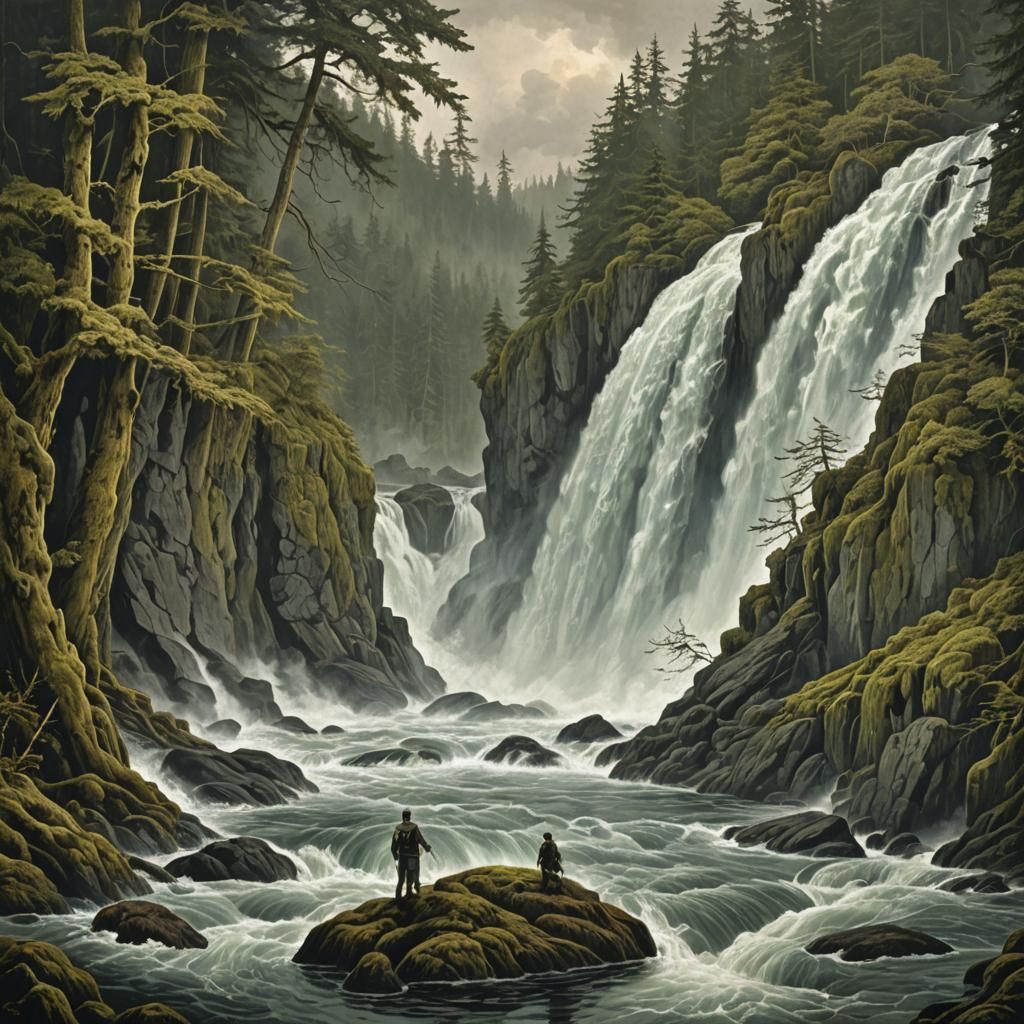 Vancouver Island Waterfall with Salmon in Doré Style