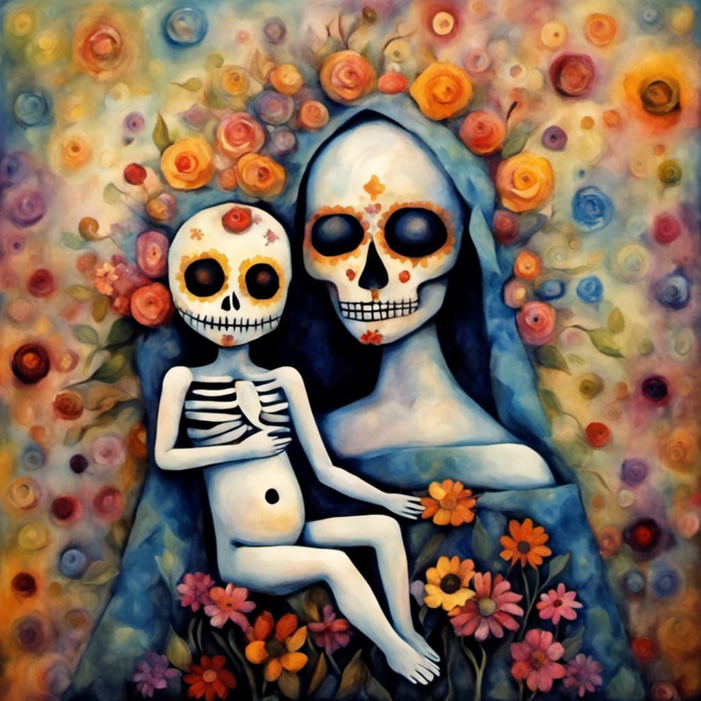 SugarSkull Death holding  Birth a live healthy  happy baby, ...