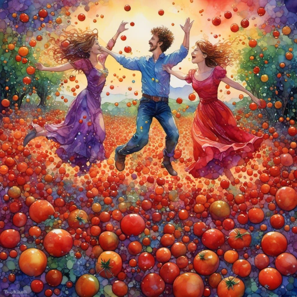 Whimsical Tomato Fight in Vivid Color
