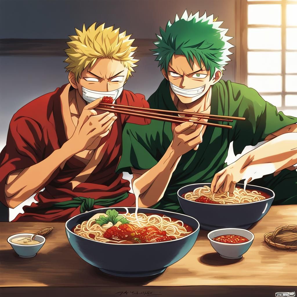 Zoro and Luffy Enjoying Spicy Ramen in Anime Style