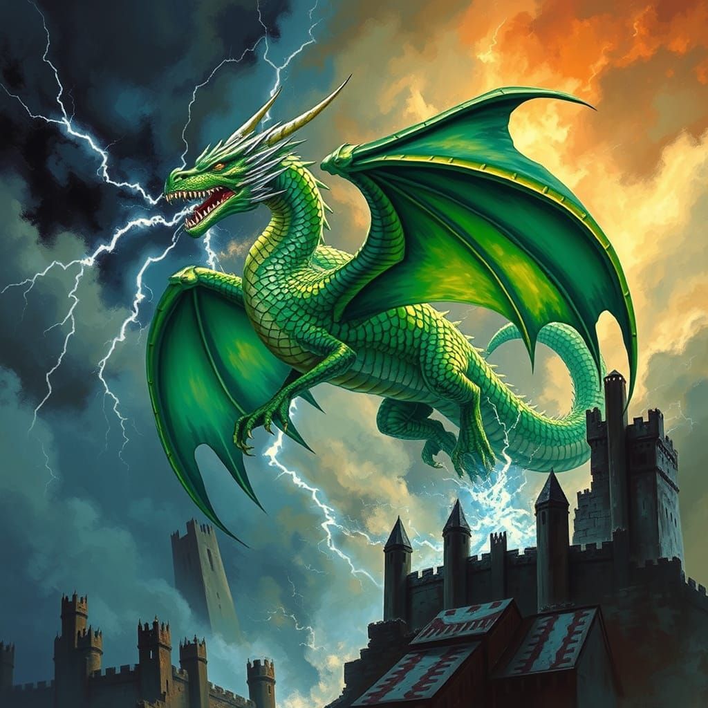 Emerald Dragon Soaring Over Gothic Castle Ruins