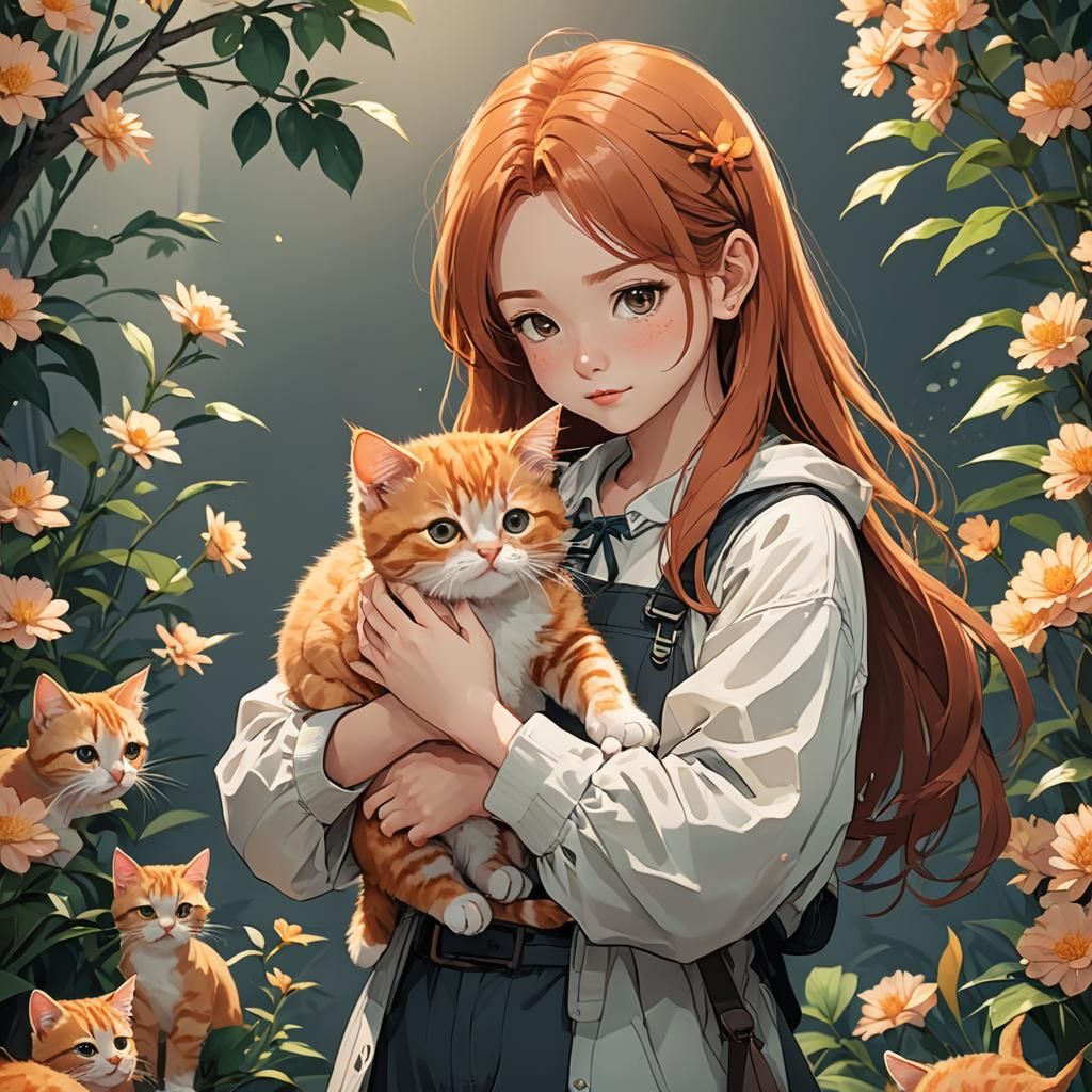 Cute Girl with Kitten in Anime Style