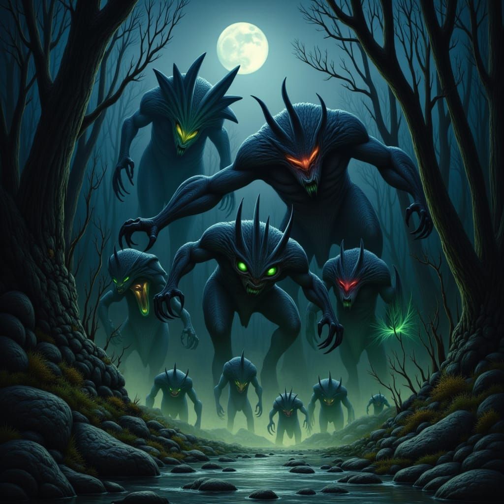 Dark Fantasy Beasts Emerge From Moonlit Forest