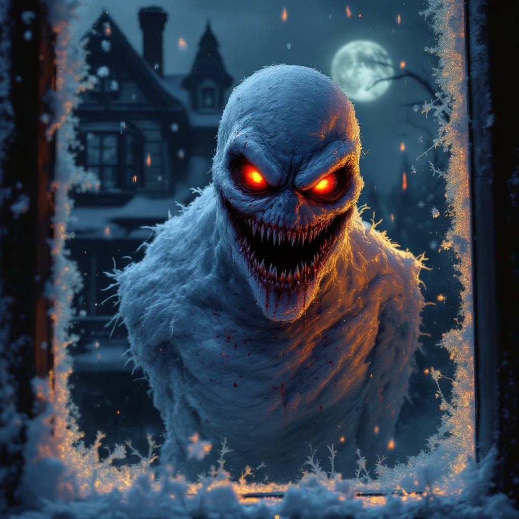 Evil Snowman Peeks Through Window in Dark Fantasy Style