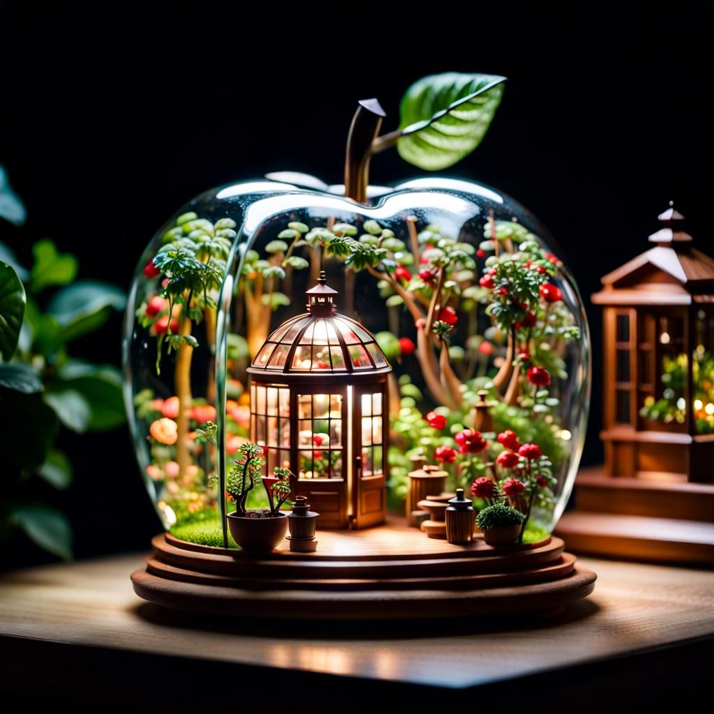 Glass Apple with Miniature Dollhouse Conservatory Scene