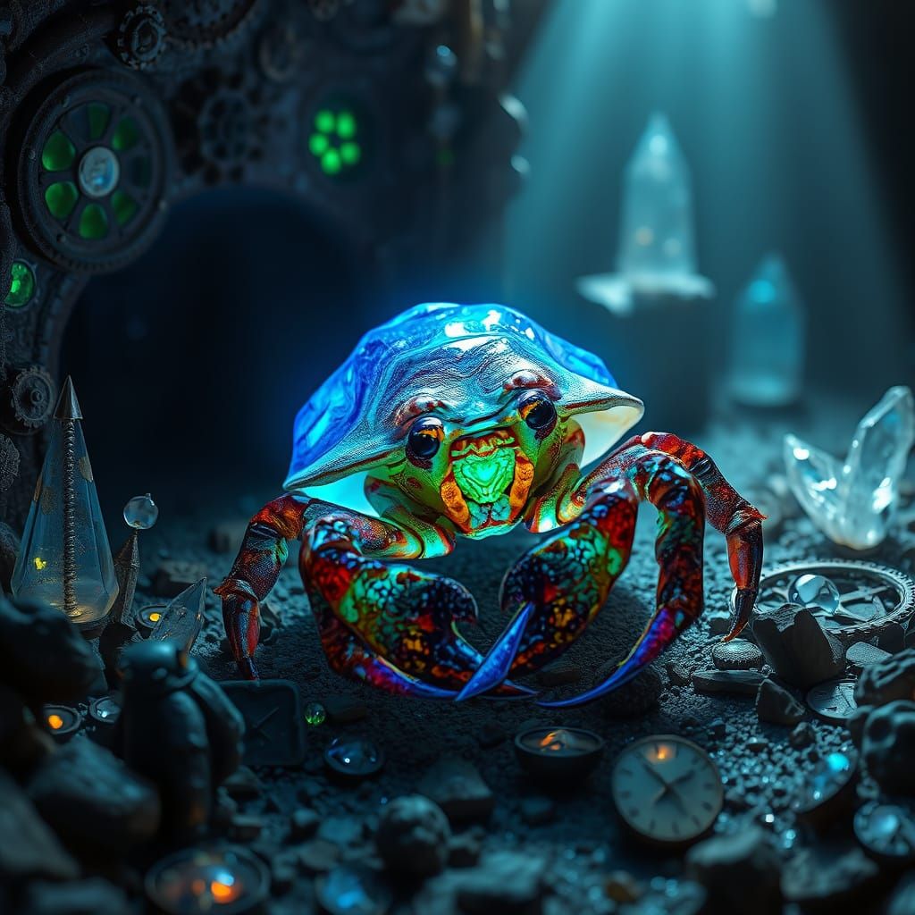 Bioluminescent Crab in Sunken Steampunk City Ruins