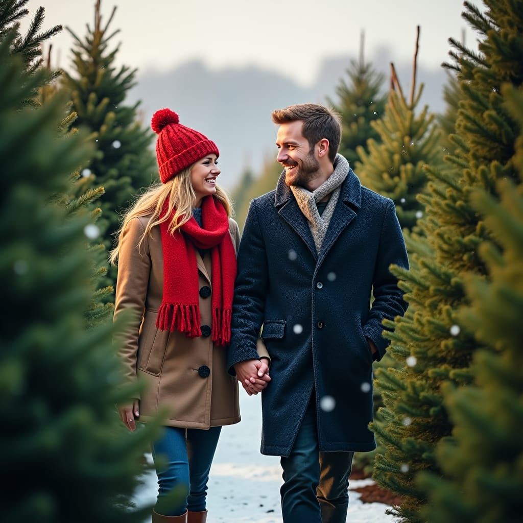Cute beautiful Christmas couple picking out a Christmas tree
