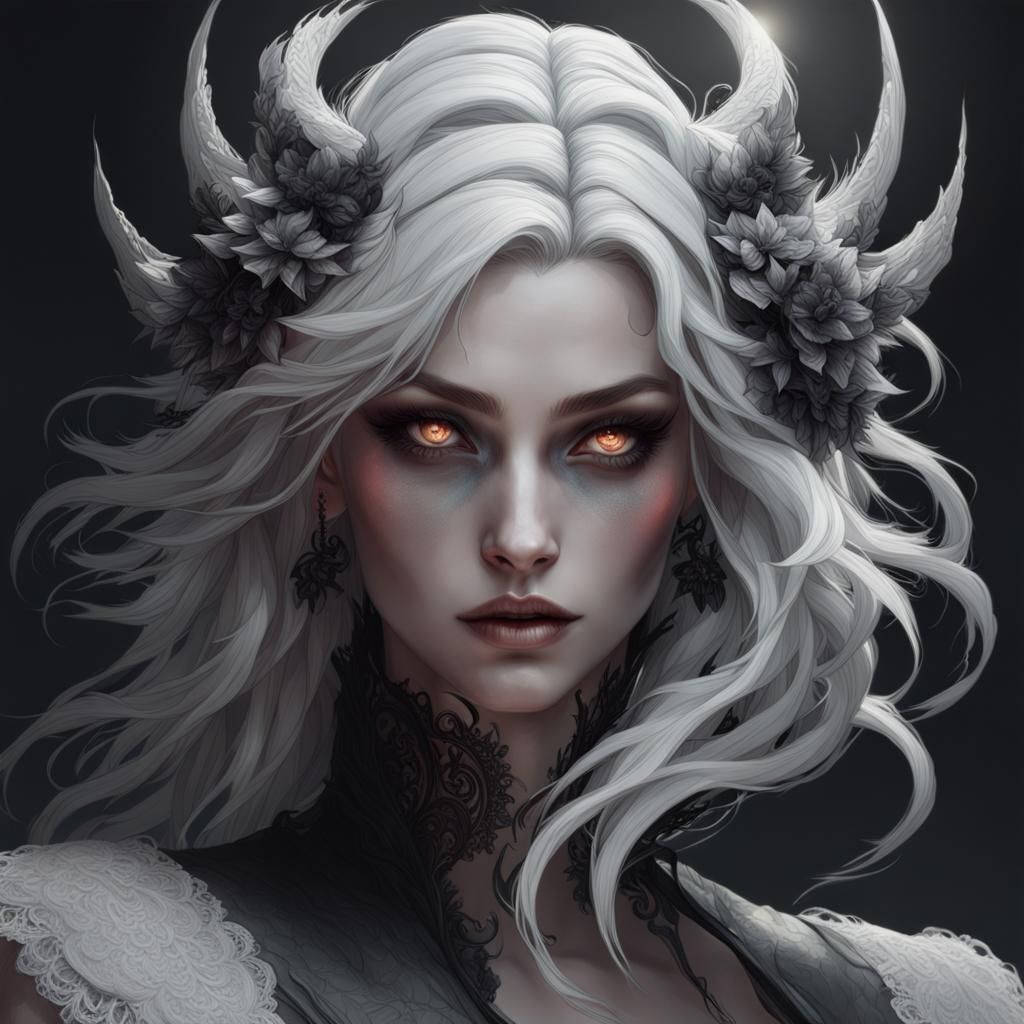Sensual Demon Woman Portrait with Black and White Hair