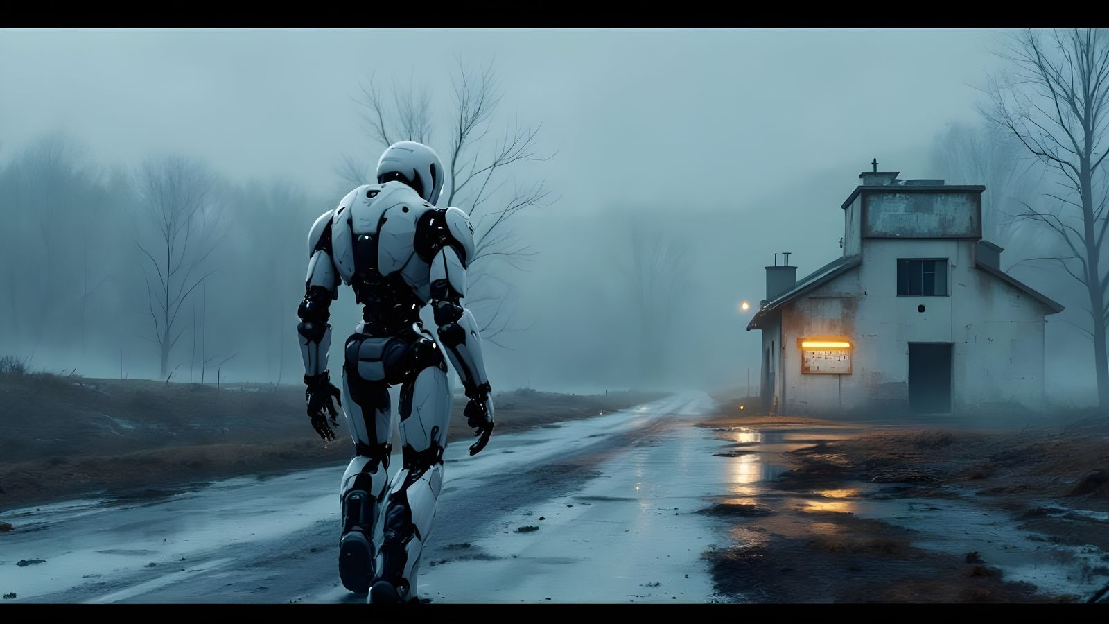 Robot Walks Towards Abandoned Building in Fog