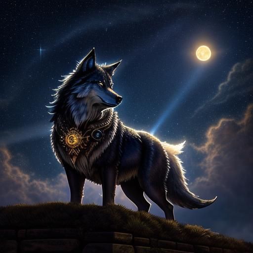Steampunk Wolf Howling at Moon over Rome