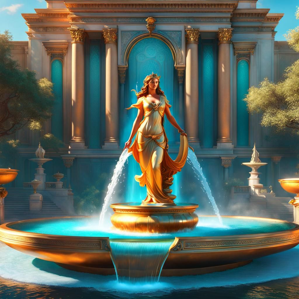 Ancient Fountain with Nymph Statue, Hyperdetailed