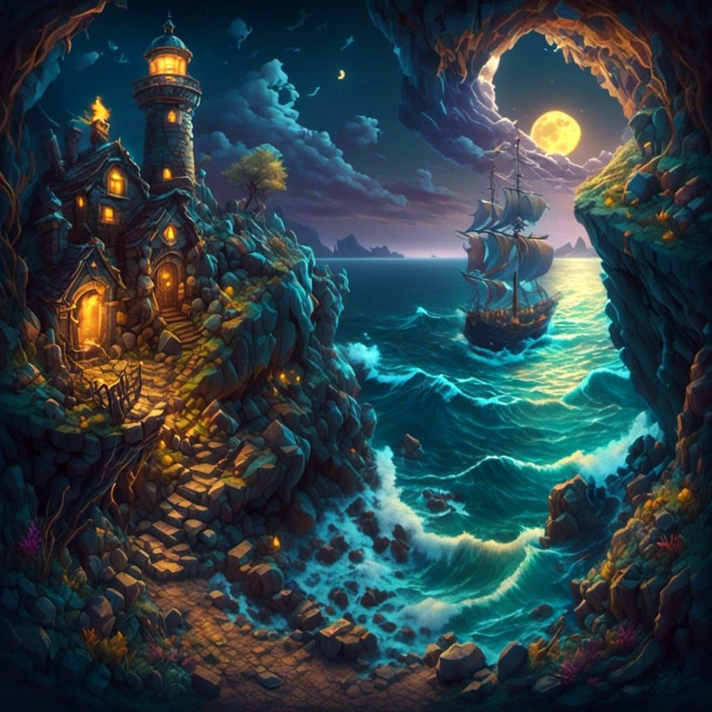 Stormy Night Seascape with Lighthouse and Ship