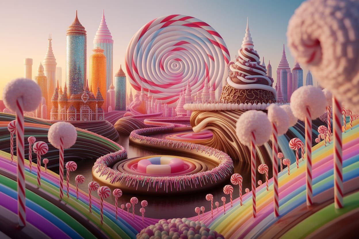 Whimsical Candy Cityscape at Sunset