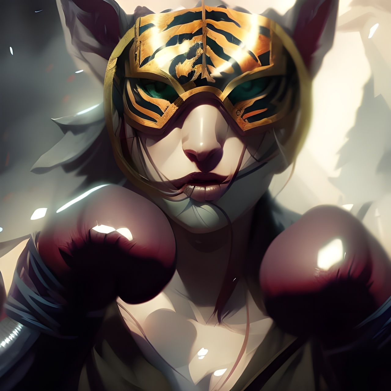 Anthropomorphic Tiger Girl Boxer Portrait in Digital Art