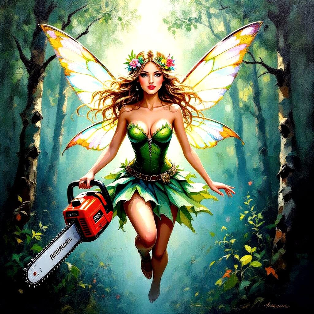Fairy with Chainsaw: Impressionist Impasto Oil Painting
