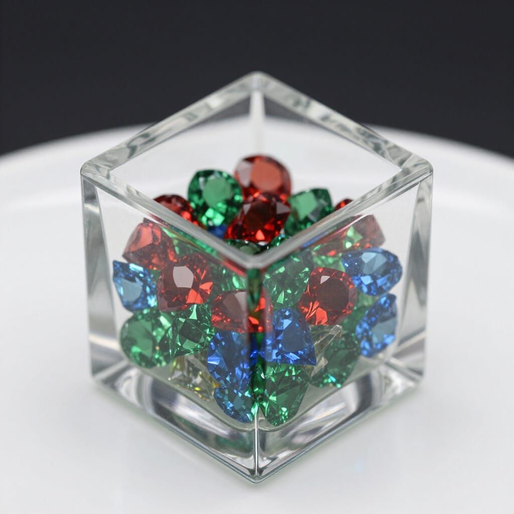 Glass Cube Filled With Colorful Diamonds on White Plate