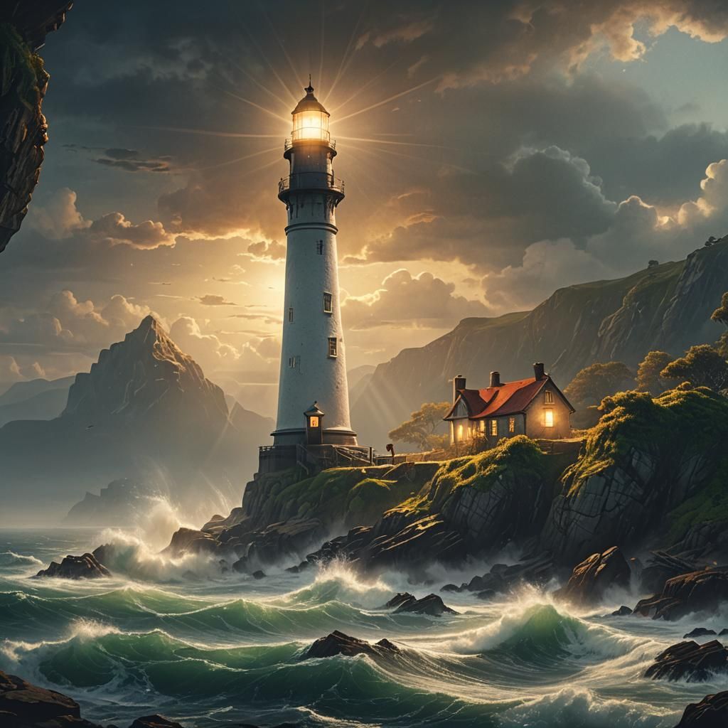 Lighthouse Shines Through Fog in Impasto Oil Painting