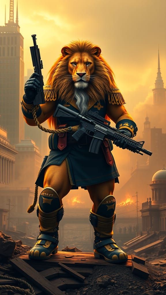 Lion Soldier Hybrid in War-Torn Cityscape