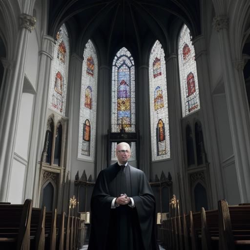 Priest in Church with Stained Glass Window