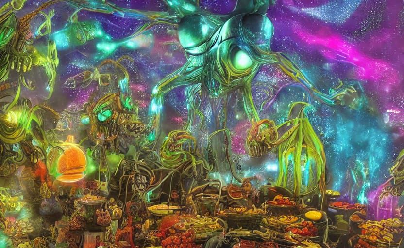 Bustling Alien Market in Holographic Astral Style