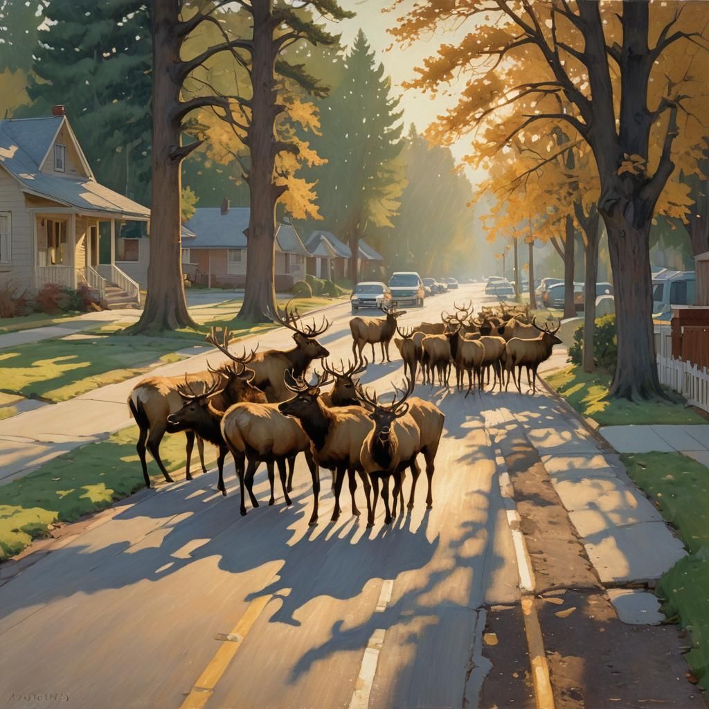 Elk Herd on Suburban Street: Impressionist Oil Painting