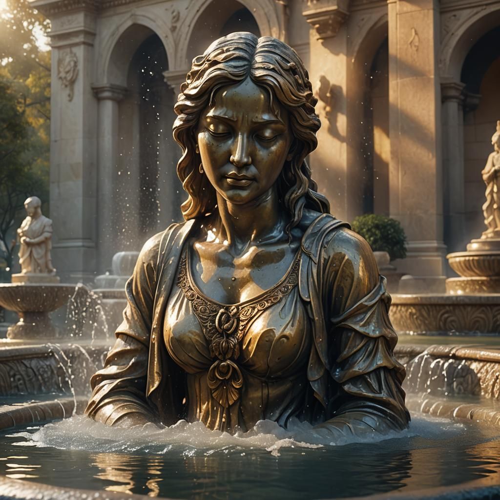 Crying Statue in Mystical Fountain: Ultra-Realistic Art