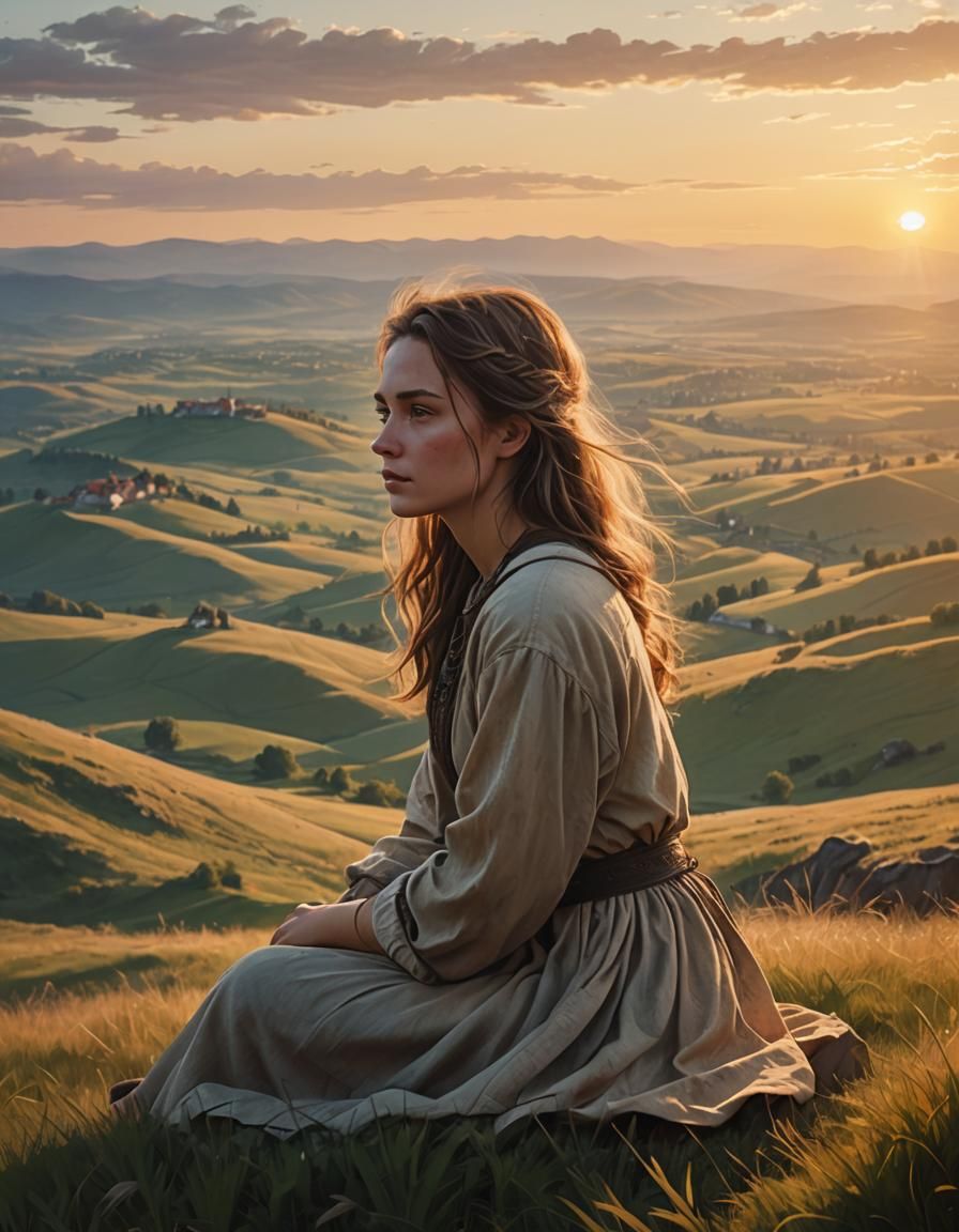 Slavic Girl Watching Sunset in Soft Ink Sketch Style