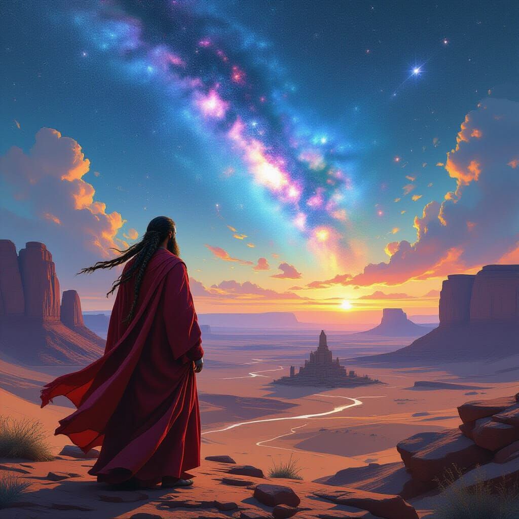 Crimson Wanderer Overlooking Cosmic Desert Ruins