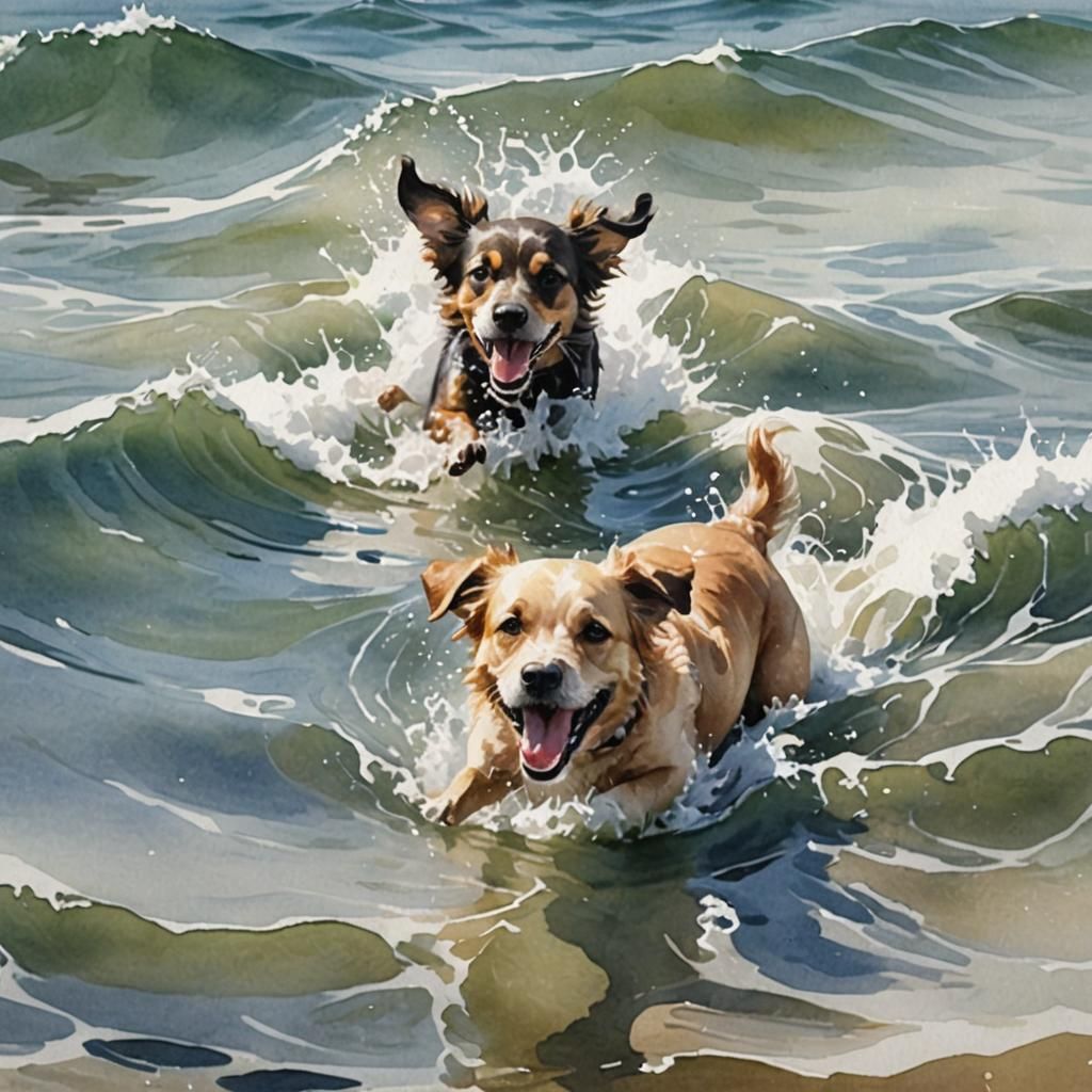 Cute Dog Swimming in Sea: Watercolour Art