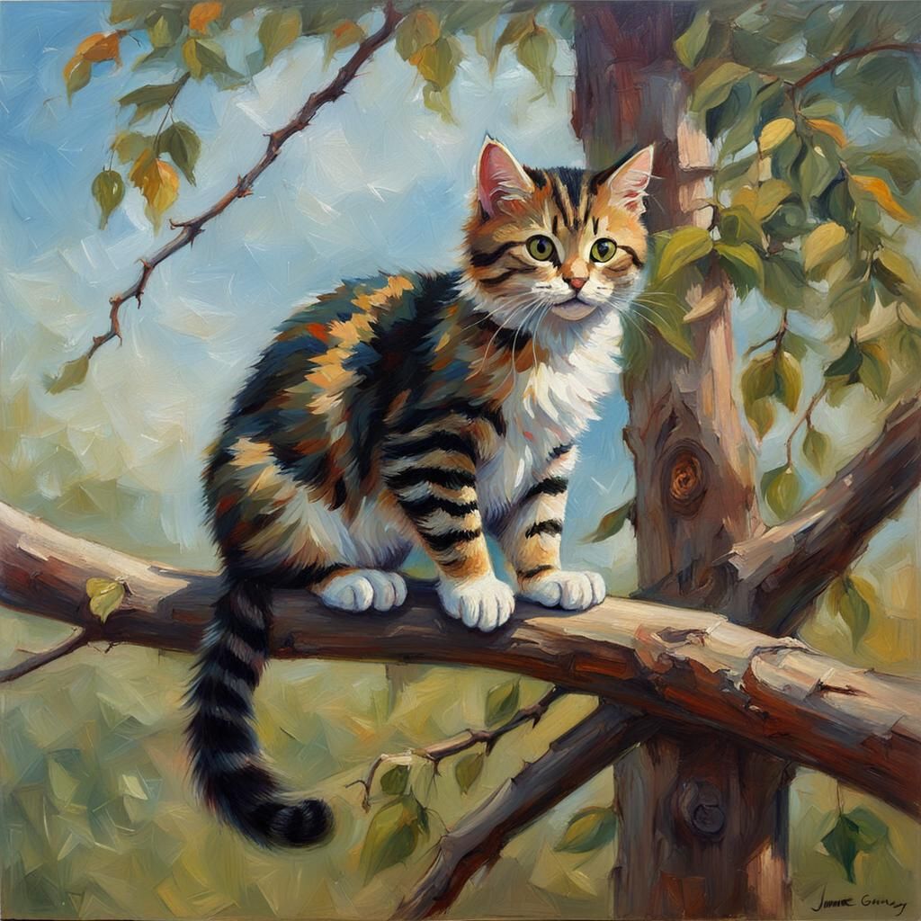 Cat on Branch: Oil Painting by James Gurney Style
