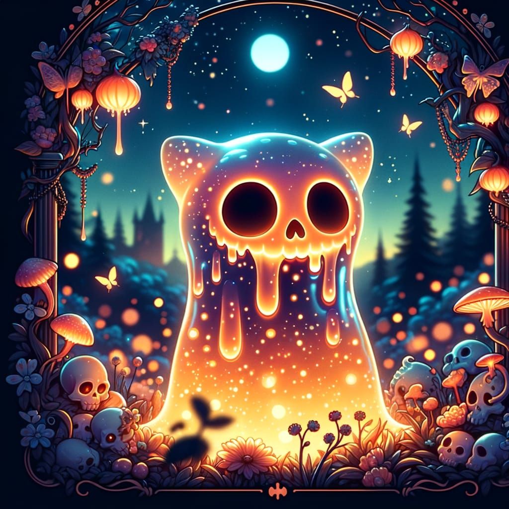 Undead Slime Cat in Bioluminescent Fairycore Scene