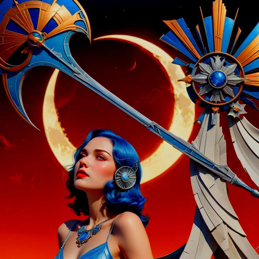 Elegant Art Deco Scene Under a Vibrant Blue Moonlit Sky