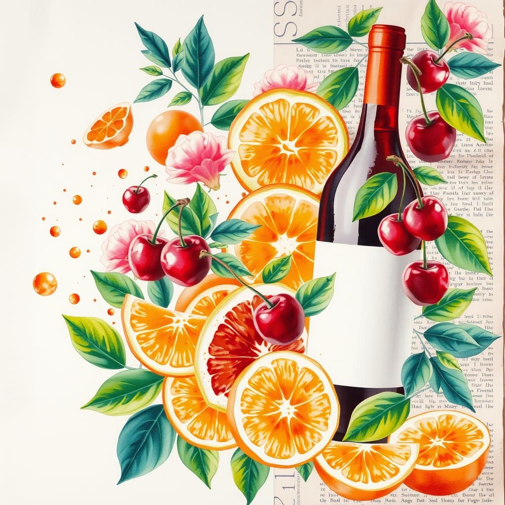 Vintage Collage with Watercolor Fruit Illustrations