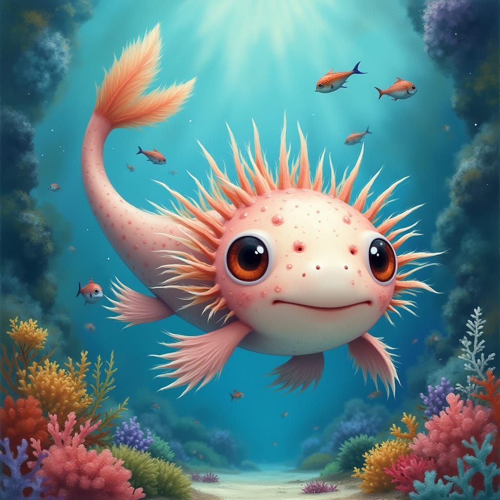 Whimsical Axolotl and Puffer Fish in a Vibrant Aquarium Scen...