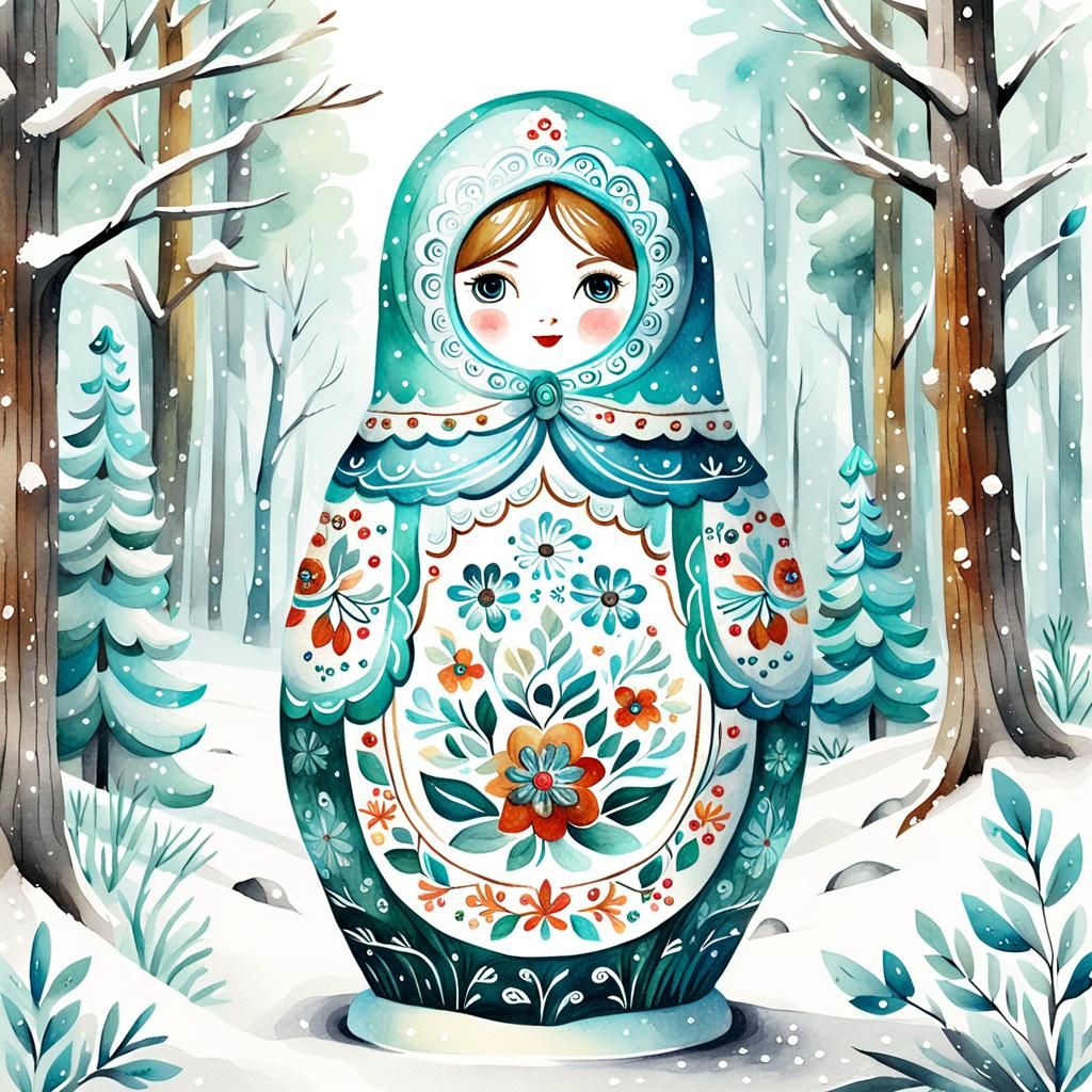Ethereal Siberian Matryoshka Doll in Snowy Forest Watercolor