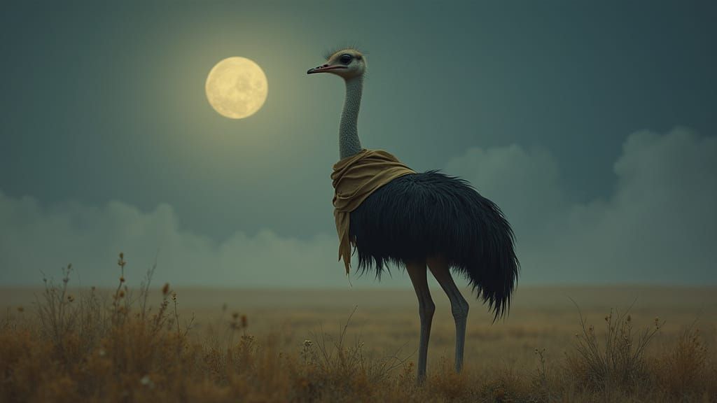 Moonlit Ostrich in Pre-Raphaelite Style