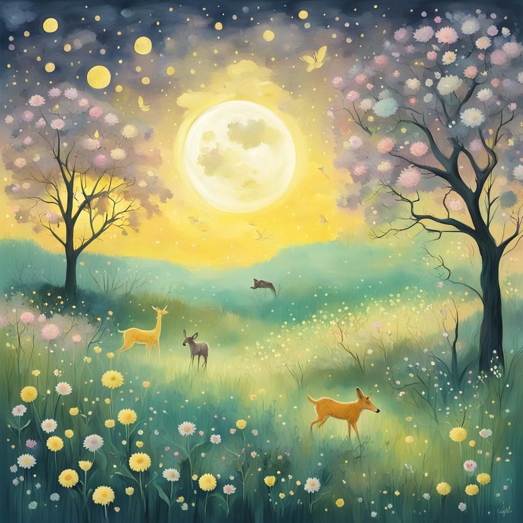 Impressionistic Meadow Under Moonlight: Dreamy Landscape