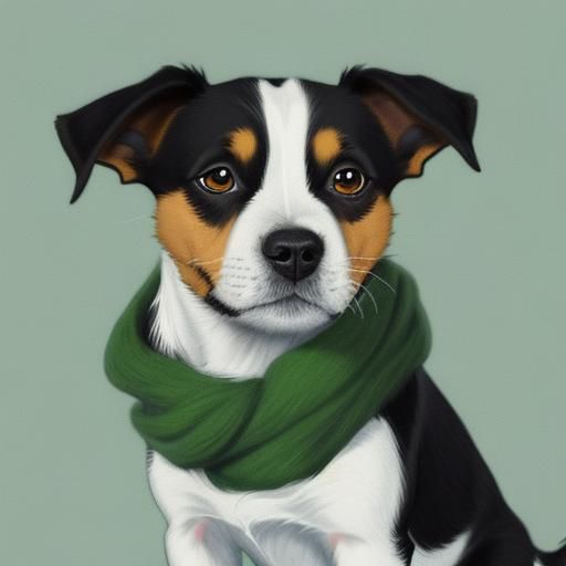 A jack russell terrier wearing a big fuzzy green scarf