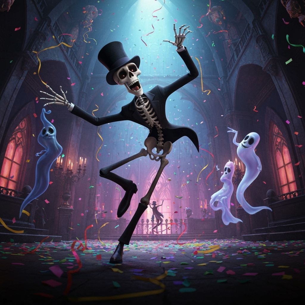 Skeleton's Joyful Dance in Gothic Party Scene