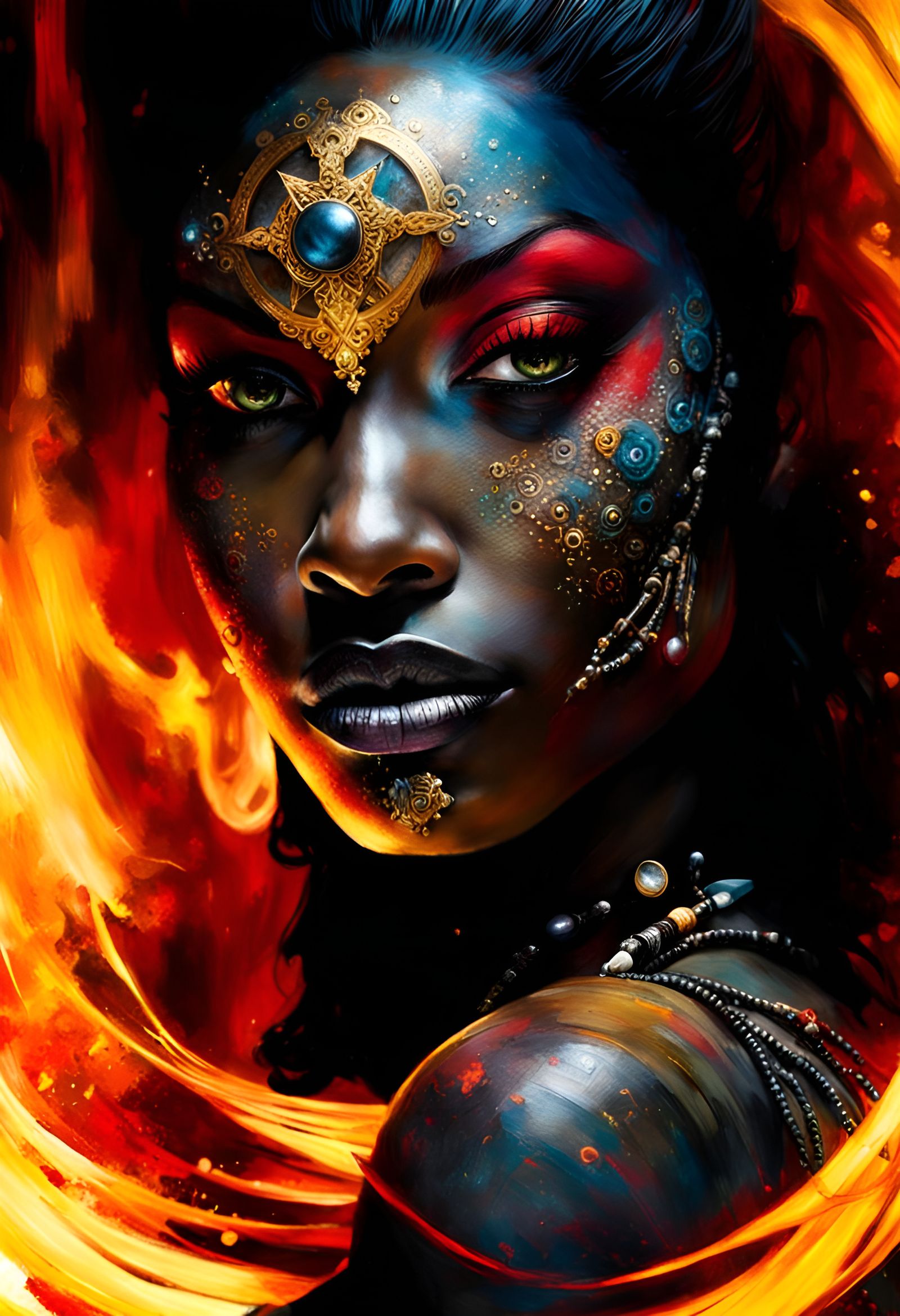 Voodoo Witch Portrait with Fire Tattoos in Speedpainting Sty...
