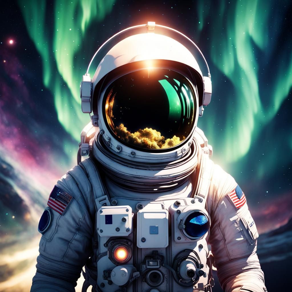 Astronaut Helmet Drifting in Space with Galaxy Nebula