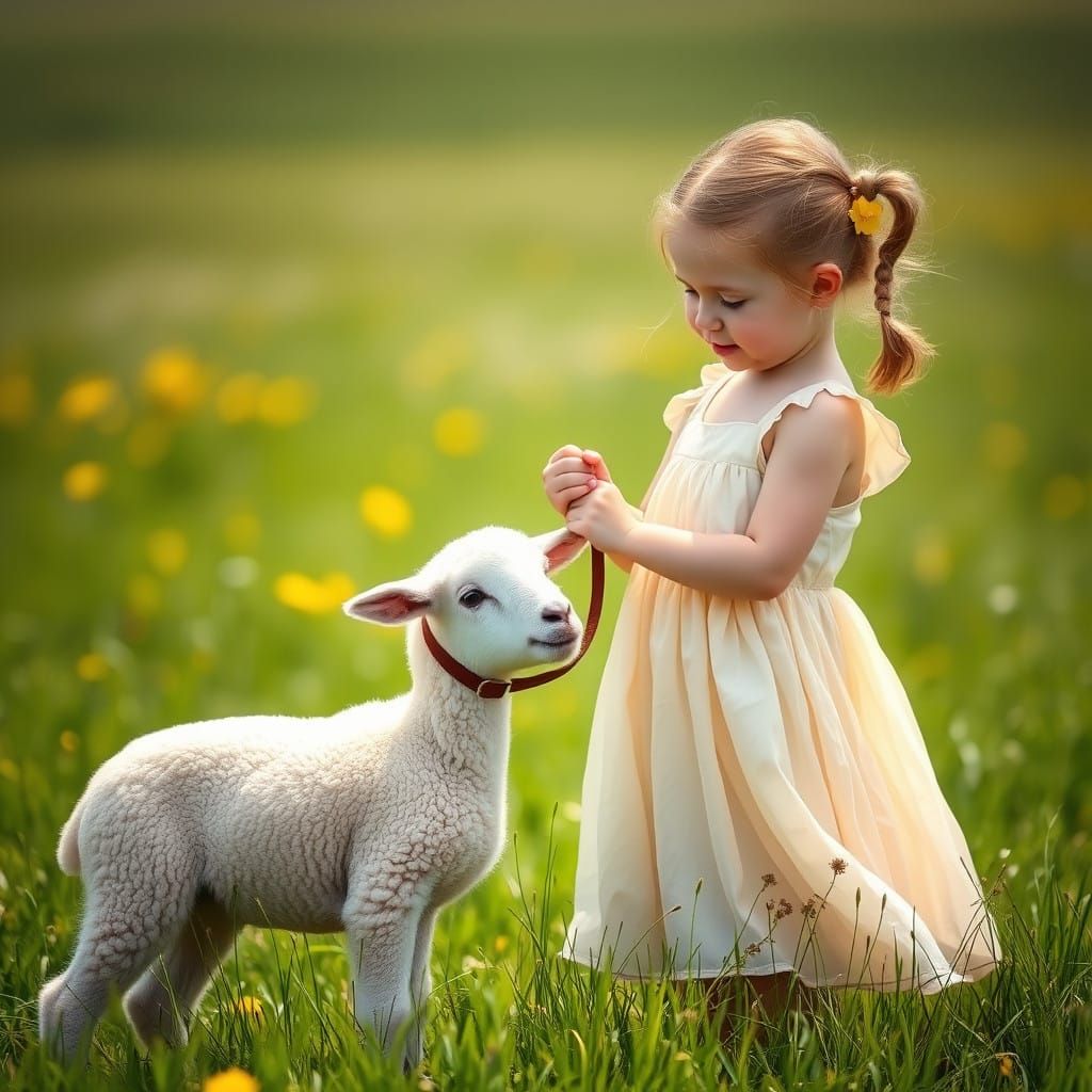 Gentle Moment of a Young Girl with a Fluffy White Lamb in a ...