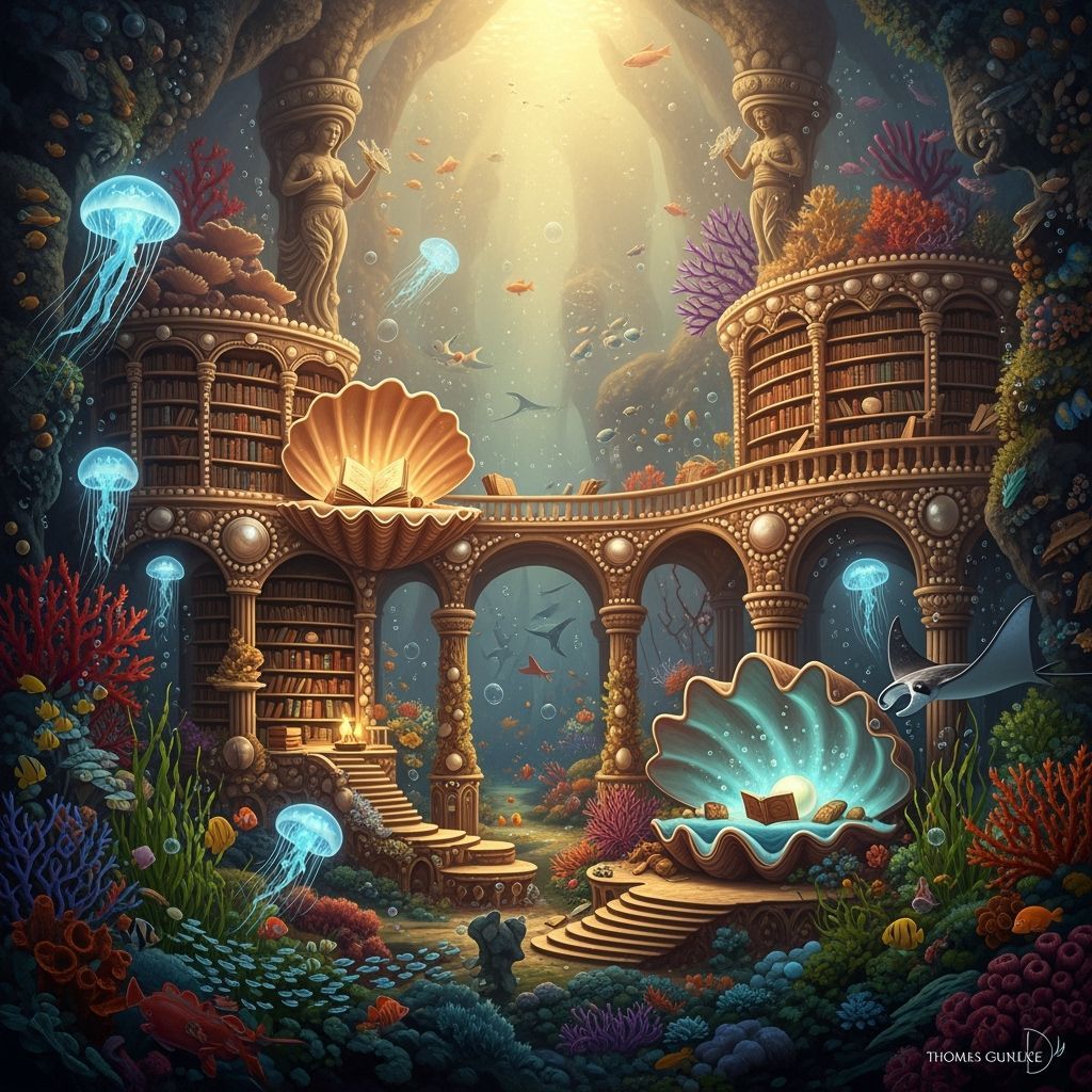 Ethereal Underwater Library with Sea Life and Coral