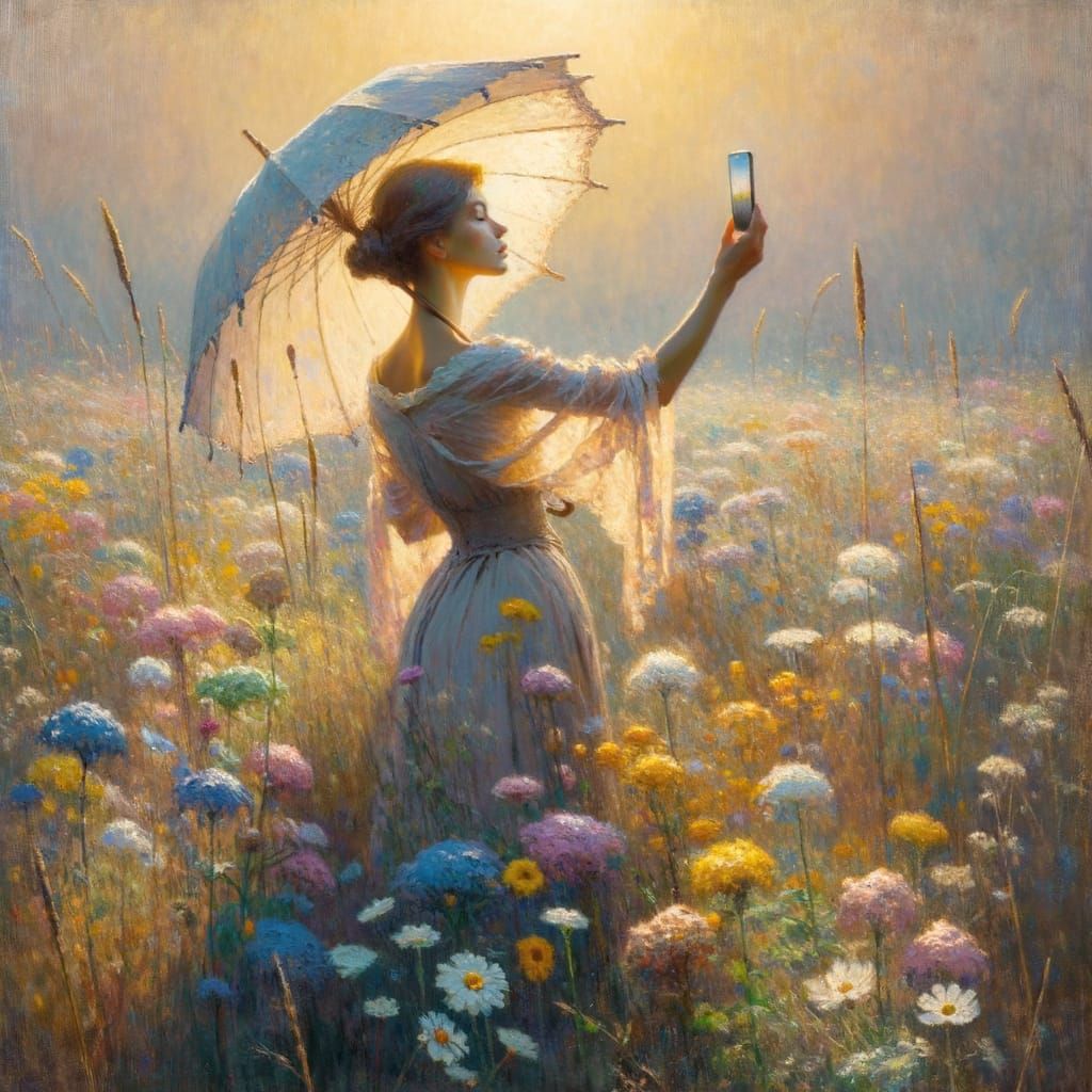 Impressionist Woman Captures Self-Portrait in Wildflower Fie...