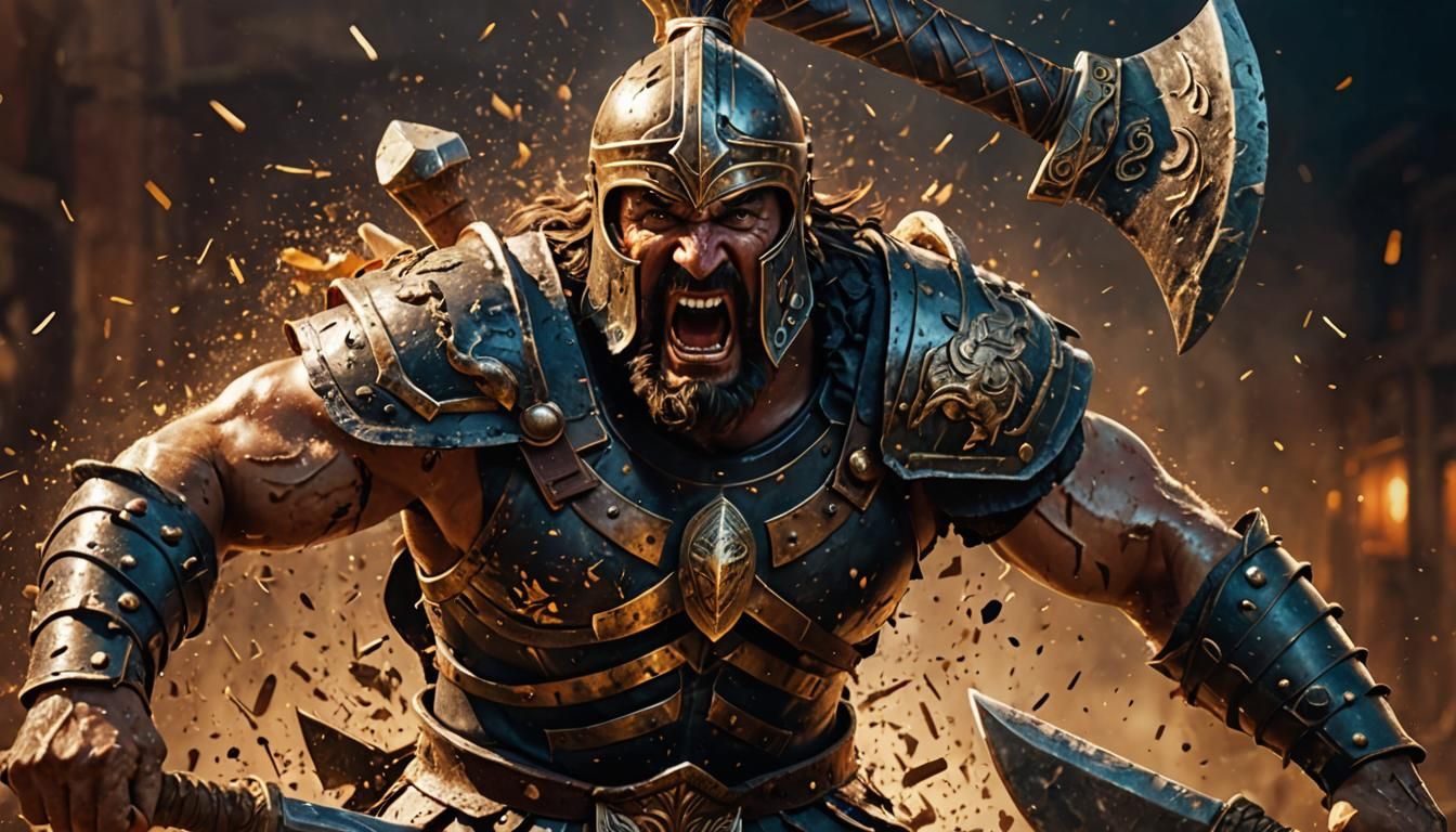 Gladiator with Axe in Hyperrealistic Splash Art