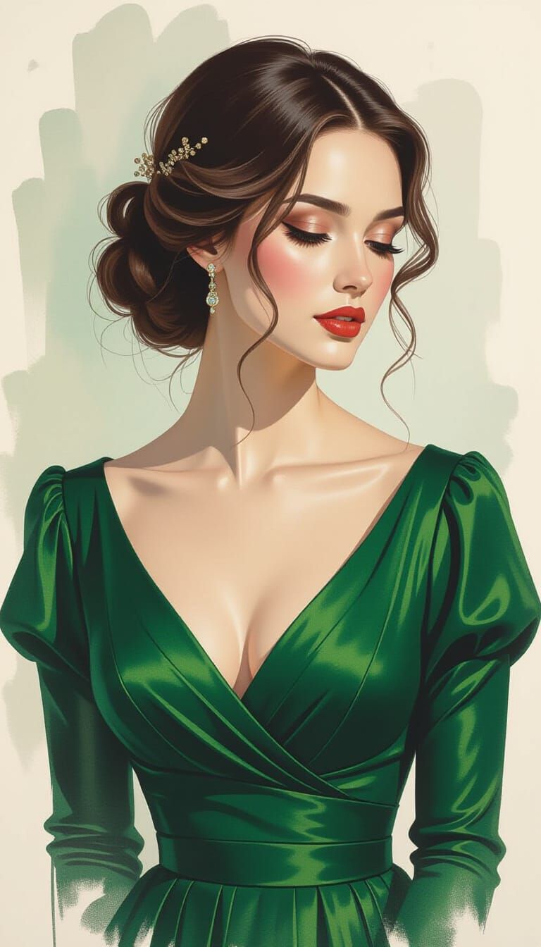 Melancholic Woman in Green Dress, Mixed Media Portrait