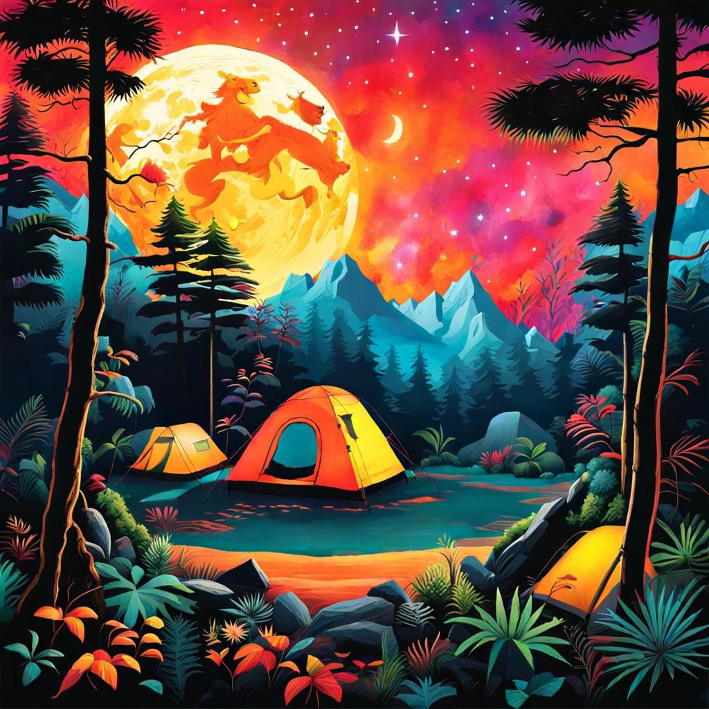 Surreal Camping Setup in Graffiti Art Style