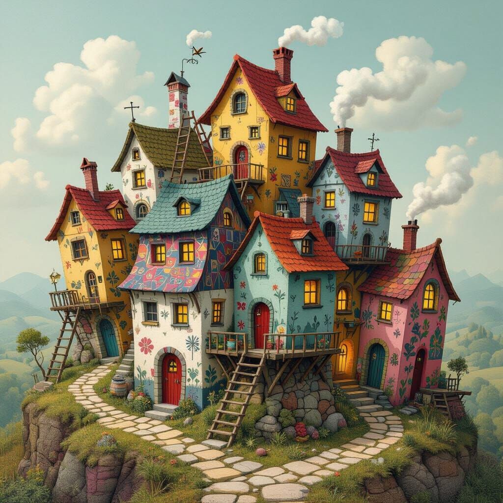 Folk Surreal Village in Impossible Landscape