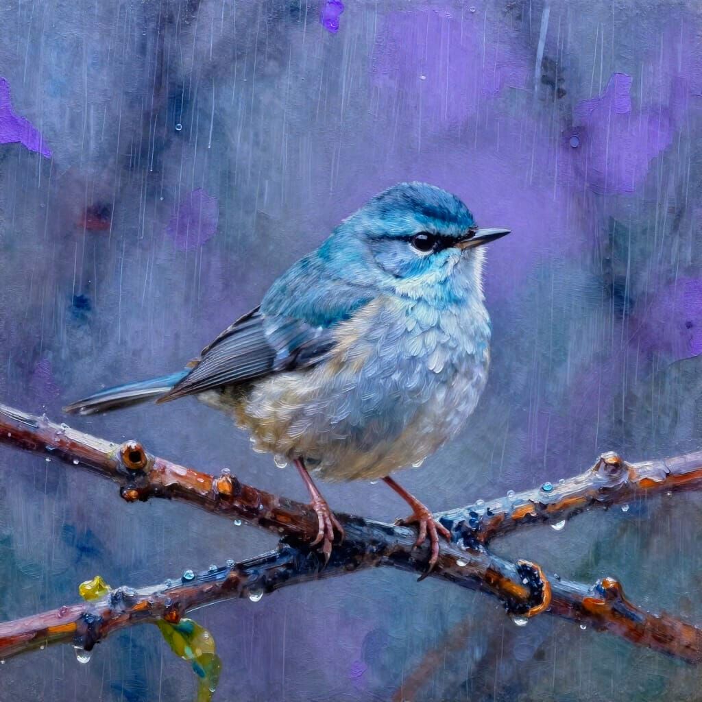 Rain-Song Warbler on Silver Branch in Gouache Style