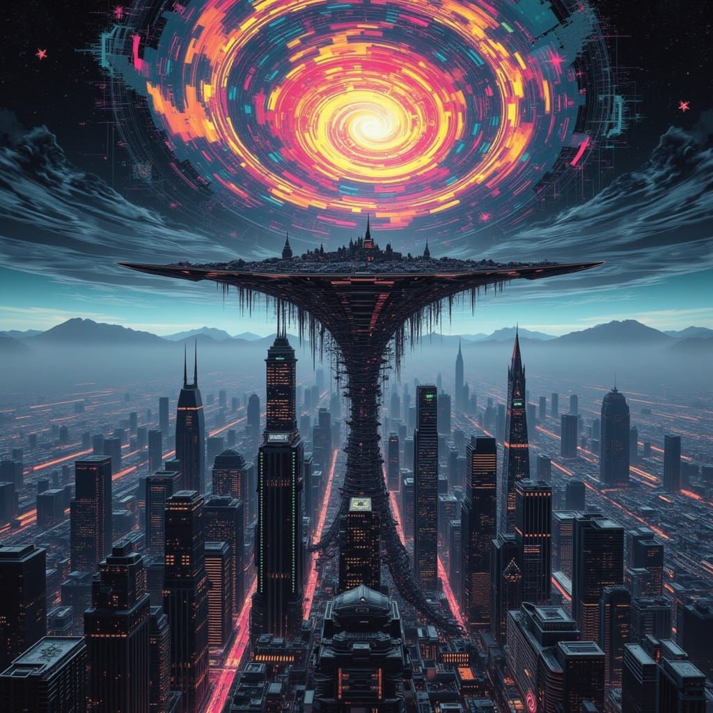 Upside Down Metropolis in Surreal Glitch Style